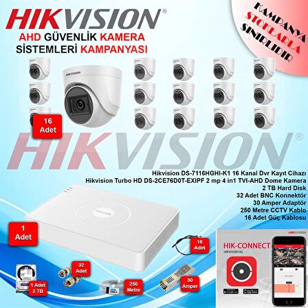 Hikvision 2 Megapiksel HD 1920x1080 Dome Güvenlik Kamerası Seti 16'lı