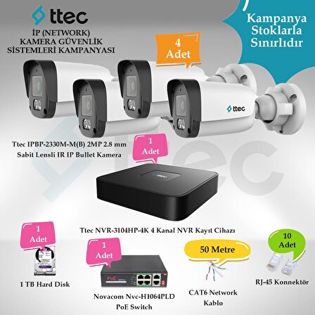 Ttec İP (Network) 4 Adet Bullet 2 MP Güvenlik Kamera Seti