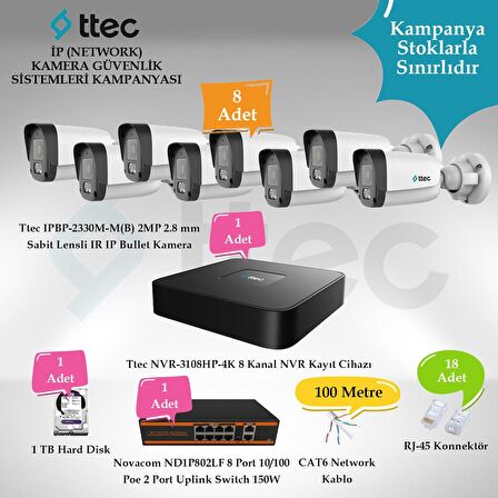 Ttec İP (Network) 8 Adet Bullet 2 MP Güvenlik Kamera Seti