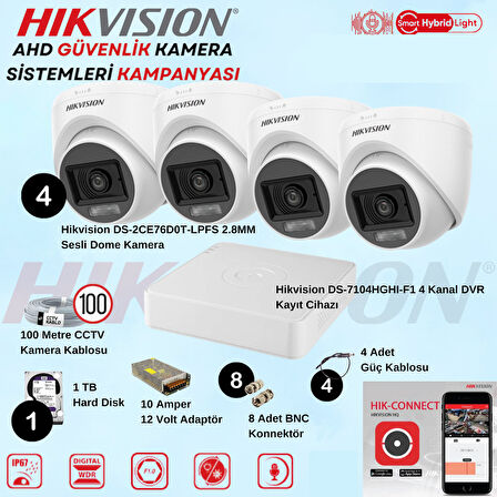 Hikvision Sesli Smart Hybrid Light AHD 4 Adet Dome Kamera 2 Mp Güvenlik Kamera Seti