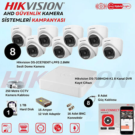 Hikvision Sesli Smart Hybrid Light AHD 8 Adet Dome Kamera 2 Mp Güvenlik Kamera Seti
