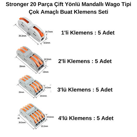 Stronger 20 Parça Çift Yönlü Mandallı Wago Tipi Çok Amaçlı Buat Klemens Seti