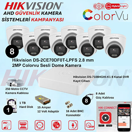 Hikvision Sesli Smart Hybrid Light 8 Adet Dome 2 Mp Güvenlik Kamera Seti