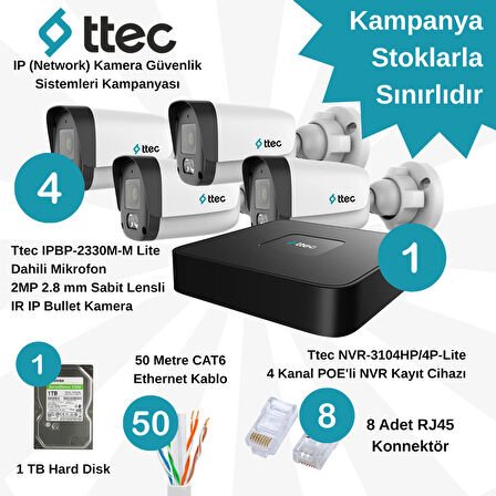 Ttec İP (Network) 4 Adet Bullet 2 MP Lite POE'li Güvenlik Kamera Seti