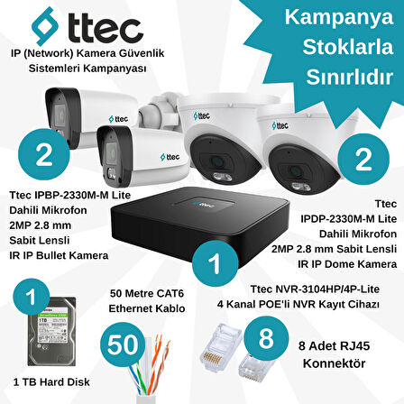 Ttec İP (Network) 4 Adet 2 MP Lite POE'li Güvenlik Kamera Seti