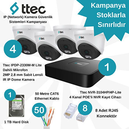 Ttec İP (Network) 4 Adet Dome 2 MP Lite POE'li Güvenlik Kamera Seti