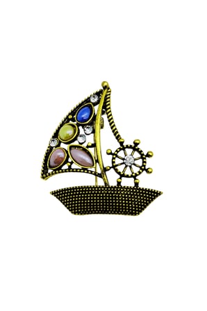 Taşlı Yelkenli Tekne Figürlü Vintage Broş – Kristal Detaylı Deniz Temalı Aksesuar