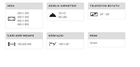 42''-85'' Arası Kelepceli Çift Kol 25kg Taşıma Kapasiteli Açılı Monitör Televizyon Askı Aparatı, A Kalite Profesyonel Askı Aparatı