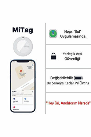 MiLi Mitag Airtag Apple Ile Uyumlu Apple Mfı Sertifikalı Akıllı Takip Cihazı Kılıfsız Beyaz