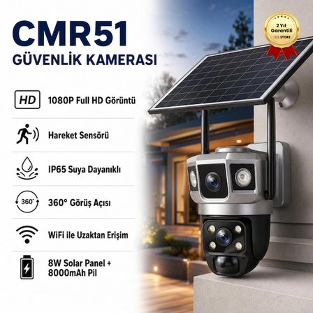 1080P 360 Derece Hareketli Güvenlik Kamera Sensörlü Dış Mekan Kullanımına ve Suya Dayanıklı Solar Panelli Güneş Enerjili IP Kamera