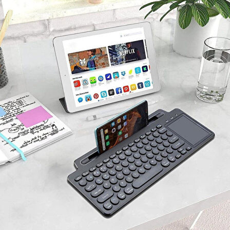 Standlı Bluetooth Klavye Kalemli, Tablet ve Telefon Uyumlu Kablosuz Touchpadli Klavye 