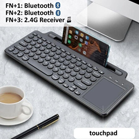 Standlı Bluetooth Klavye Kalemli, Tablet ve Telefon Uyumlu Kablosuz Touchpadli Klavye 