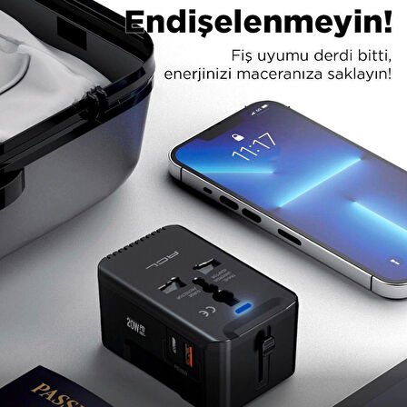 Evrensel Eu Us Au Uk Priz Fiş Çevirici Dönüştürücü Seyahat Adaptörü 2 Type-c 1 Usb Çıkışlı Adaptör