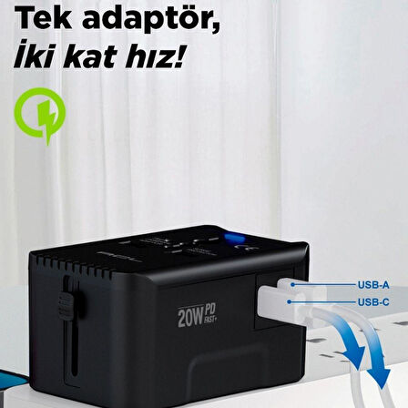 Evrensel Eu Us Au Uk Priz Fiş Çevirici Dönüştürücü Seyahat Adaptörü 2 Type-c 1 Usb Çıkışlı Adaptör