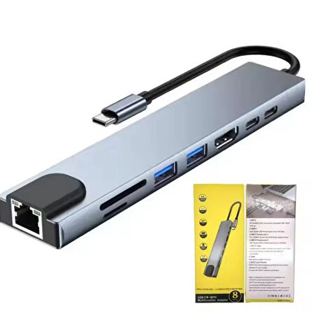 USB-C 8 in 1 Çoklayıcı PD100W Hızlı Şarjlı 2xUSB-A 2xUSB-C HDMI SD TF Kart Girişli Adaptör