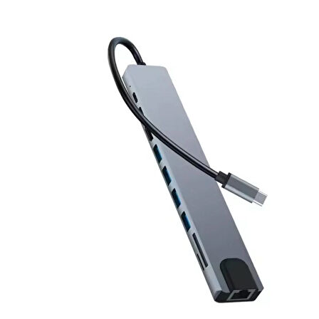 USB-C 10 in 1 Çoklayıcı PD100W Hızlı Şarjlı 4xUSB-A Ethernet HDMI SD TF Girişli Adaptör
