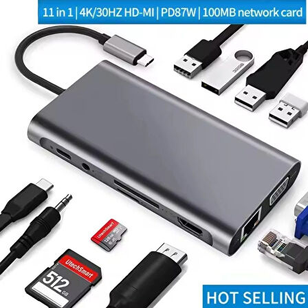 USB-C 11 in 1 Çoklayıcı PD100W Hızlı Şarjlı VGA Ethernet HDMI USB-A SD TF Girişli Adaptör