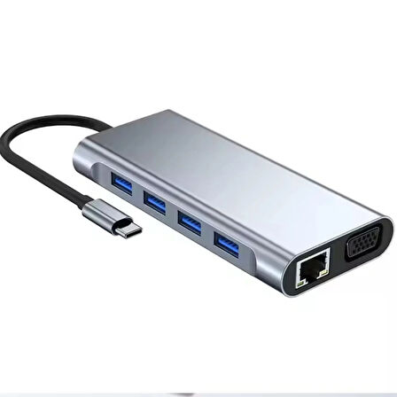 USB-C 11 in 1 Çoklayıcı PD100W Hızlı Şarjlı VGA Ethernet HDMI USB-A SD TF Girişli Adaptör