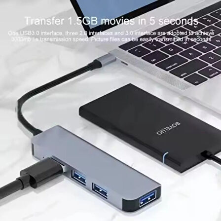 USB-C Çoklayıcı 4xUSB-A 3.0 Portlu Yüksek Hızlı Veri Aktarımlı Metal Gövdeli Adaptör