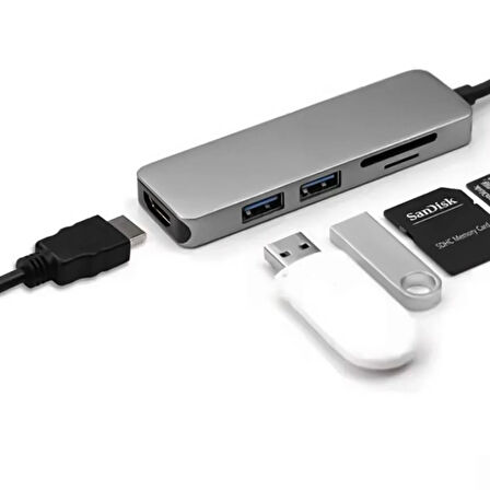 FH26 USB-C 5 in 1 Çoklayıcı 3xUSB-A 3.0 TF SD Kart Girişli Hızlı Veri Aktarımlı Hub Adaptör