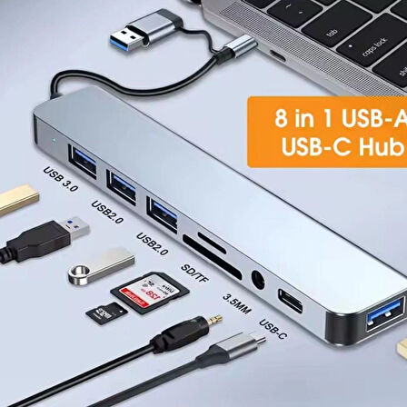 FH27 USB-C Çoklayıcı 3xUSB-A 3.0 3.5mm Ses Girişli USB-C + USB-A Girişli Adaptör