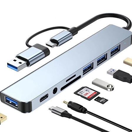 FH27 USB-C Çoklayıcı 3xUSB-A 3.0 3.5mm Ses Girişli USB-C + USB-A Girişli Adaptör