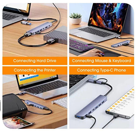 FH28 USB-C Çoklayıcı 5xUSB-A 3.0 2xUSB-C Portlu USB-C + USB-A Girişli Adaptör