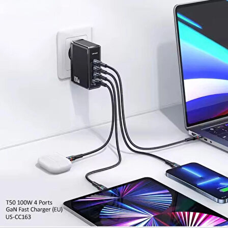 FC24 100W GaN Hızlı Şarj Adaptörü 3xUSB-C 1xUSB-A Girişli PD Destekli Çoklu Şarj Cihazı