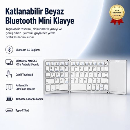 Katlanabilir Beyaz Her Cihaza Bluetooth İle Uyumlu Portatif  Taşınabilir Dokunmatik Mini Klavye