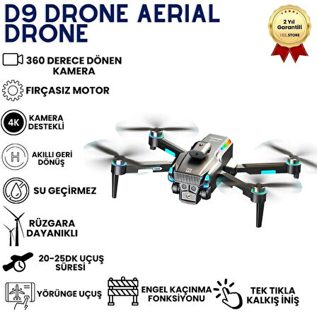 D9 Drone,Fırçasız Motorlu,90° Elektrikli Kamera, Tek Tuş Kalkış–İniş LED Işıklı 4K Akıllı Drone