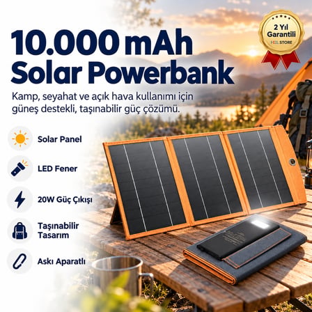 10.000mAh Güneş Enerjili Solar Powerbank 3 Panelli