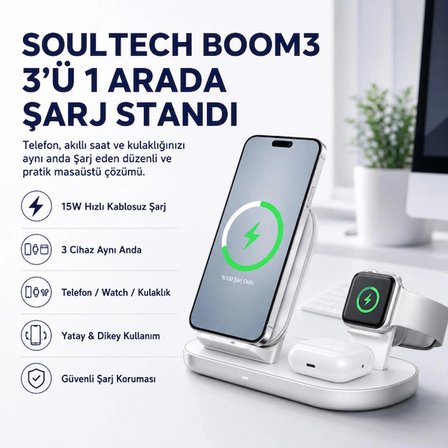 Soultech Boom3 15W 3-in-1 Kablosuz Şarj İstasyonu – Telefon, Apple Watch ve Kulaklık için Qi Wireless Charging Stand