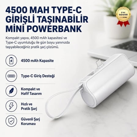 4500 mAh Mini Powerbank Type-C Girişli Taşınabilir Hızlı Şarj Taşınabilir Şarj Cihazı