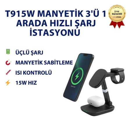 EIMA T9 15W Manyetik 3'ü 1 Arada Hızlı Şarj İstasyonu -Tüm Akıllı Telefonlar, İphone Watch ve AirPods Uyumlu Şarj Standı