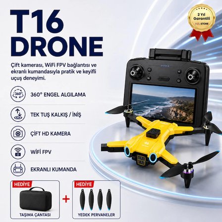 T16  Drone 4K Çift Kameralı Büyük Ekran Kumandalı WiFi FPV 360° Engel Algılama Katlanabilir Drone
