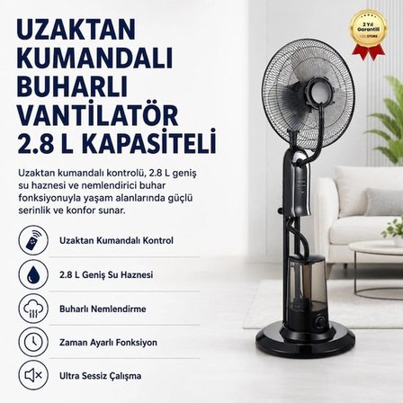 Uzaktan Kumandalı 2.8 L Buharlı Vantilatör Nemlendirici Fan Ultra Sessiz Tekerlekli Zaman Ayarlı