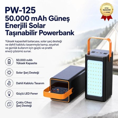 50000 mAh Solar Powerbank Güneş Enerjili Dahili Kablolu LED Fenerli Taşınabilir Şarj Cihazı