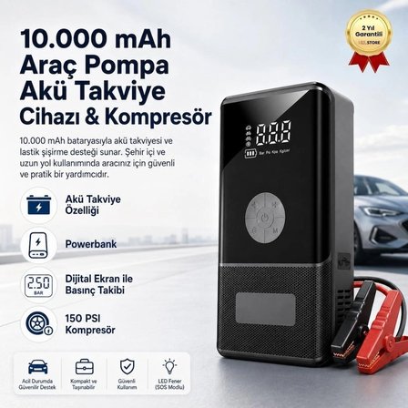 10.000 mAh Araç Akü Takviye Cihazı & Kompresör 150 PSI Dijital Ekran Jump Starter Powerbank LED Fener