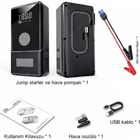 10.000 mAh Araç Akü Takviye Cihazı & Kompresör 150 PSI Dijital Ekran Jump Starter Powerbank LED Fener