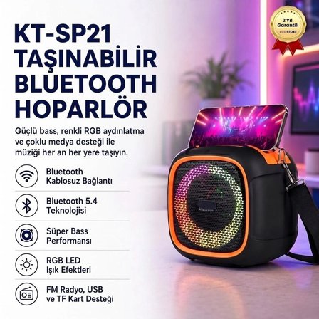 KT-SP21 Taşınabilir Bluetooth Hoparlör | Süper Bass, RGB Işık, Hi-Fi Stereo, FM Radyo, USB & TF Kart Destekli