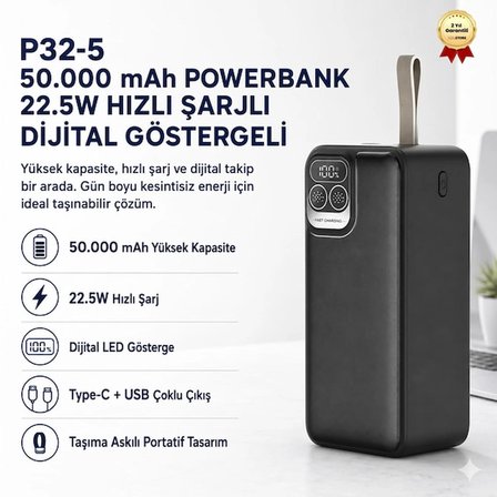 P32-5 50.000 mAh Powerbank 22.5W Hızlı Şarjlı Dijital Göstergeli Taşınabilir Şarj Cihazı