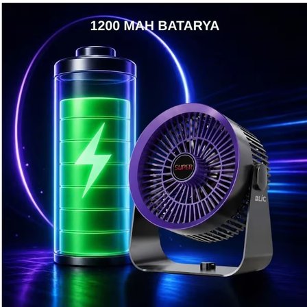 Duvar Monteli Masaüstü Fan  1200 mAh Bataryalı, 360° Ayarlanabilir, 5 Kademeli Taşınabilir Fan