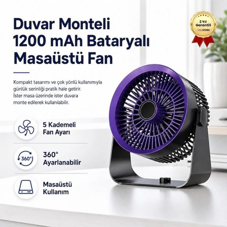 Duvar Monteli Masaüstü Fan  1200 mAh Bataryalı, 360° Ayarlanabilir, 5 Kademeli Taşınabilir Fan