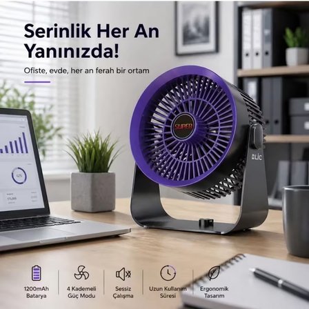 Duvar Monteli Masaüstü Fan  1200 mAh Bataryalı, 360° Ayarlanabilir, 5 Kademeli Taşınabilir Fan