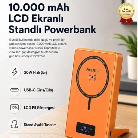 10.000mAh LCD Ekranlı Standlı Powerbank ,20W Hızlı Şarj, USB-C Giriş/Çıkış, Telefon Tutuculu Taşınabilir Şarj Cihazı