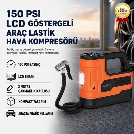 3 Metre Çakmaklık Kablolu Araç Lastik Hava Kompresörü – 150PSI Basınçlı, LCD Göstergeli Taşınabilir Lastik Şişirme Pompası