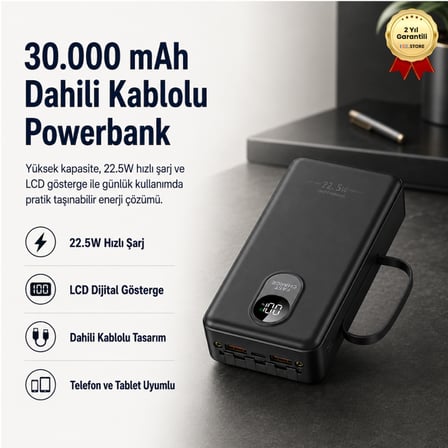 30.000mAH  22.5W 3A Hızlı Şarjlı Dahili Kablolu LCD Göstergeli Hızlı PowerBank