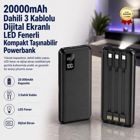 20000mAh Dahili 3 Kablolu Dijital Ekranlı LED Fenerli Kompakt Taşınabilir Powerbank Kamp Seyahat Şarj Cihazı