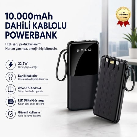 10.000mAh LED Ekranlı Dahili Kablo Powerbank 22.5W Hızlı Şarjlı Ultra İnce Tasarım Taşınabilir Powerbank