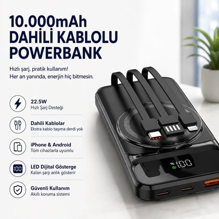 10.000mAh Manyetik Dahili Kablolu Powerbank Hızlı Şarjlı Dijital Göstergeli Taşınabilir Şarj Cihazı